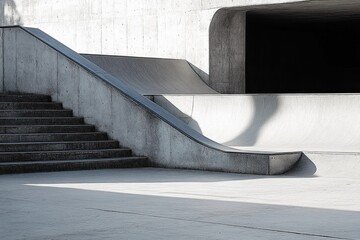 empty concrete skatepark with curved ramps, stepped staircase and dark tunnel opening casting soft shadows, minimalist urban scene evoking calm and solitude