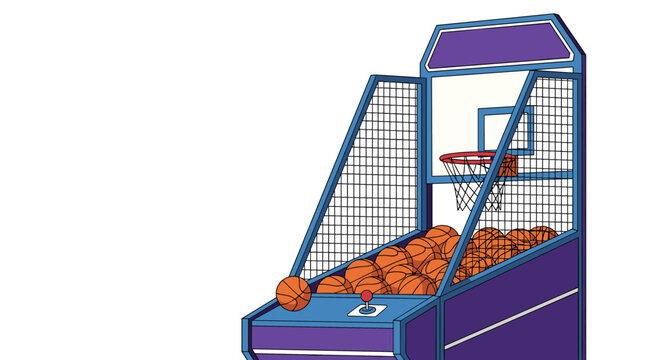 A vibrant illustration of a classic basketball arcade game machine, showcasing its purple and blue design, filled with orange basketballs for arcade enjoyment.