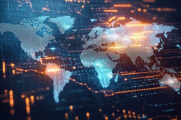 glowing digital world map with interconnected data points, streaming orange and blue network lines and circuitry evoking futuristic global connectivity and energy