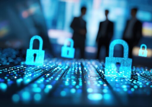 Glowing digital padlocks float above a futuristic glowing keyboard surface.