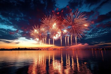 Golden fireworks bursting over a calm lake at sunset with dramatic clouds, vivid reflections and a silhouetted shoreline, festive and awe-inspiring evening scene