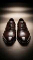 Polished brown leather dress shoes sit centered under dramatic lighting against a muted background