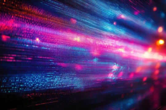 Vibrant neon blue and pink light streaks and glowing particles racing across a digital surface, conveying futuristic energy and dynamic motion