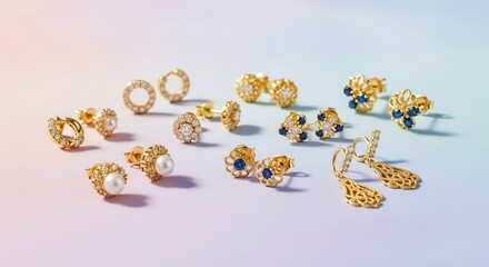 Assortment of elegant gold earrings featuring diamond and pearl accents rests on a subtle gradient background