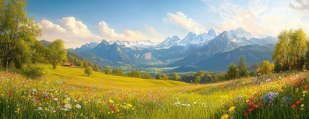 Sunlit wildflower meadow with rolling green hills, scattered trees and a small red cabin, framed by distant snow-capped mountains under a bright blue sky, tranquil and joyful