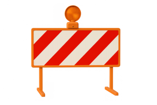 Road work barricade with warning light indicating a construction zone, detour, danger, or hazard ahead on a transparent background