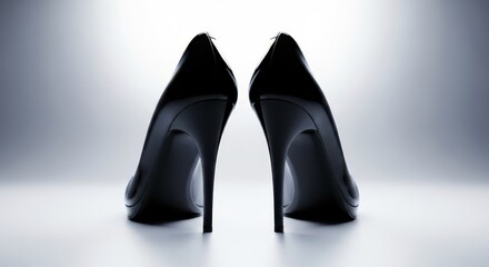 Pair of shiny black high heel pumps standing back to back against a bright background