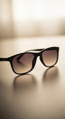 Black framed eyewear rests upon a smooth surface under warm light