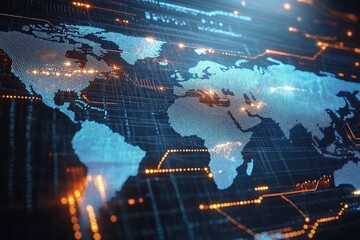 Glowing digital world map of pixelated blue continents over a dark grid with orange glowing circuit lines and nodes, evoking dynamic global connectivity