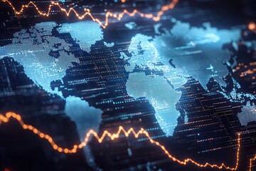 glowing digital world map with pixelated continents overlaid by orange fluctuating stock lines and data points, a dynamic and tense global market visualization