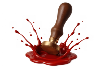 Sealing wax red splash with vintage metal stamp for official approval and important documents on transparent background