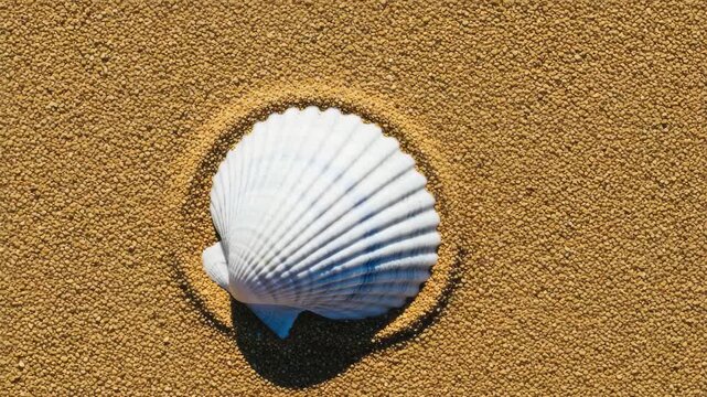 Sequence of three white scallop shells resting on textured golden sand in bright sunshine. A minimalist summer vacation concept with a repeating natural pattern and strong shadows