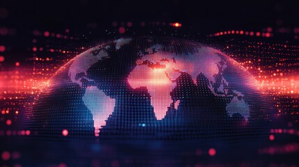 Glowing pixelated globe showing world continents formed by luminous data points and flowing neon light trails, a vibrant futuristic sense of global connectivity