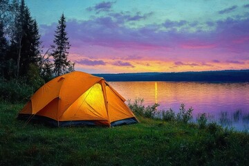 glowing orange tent on a grassy lakeshore at a colorful sunset with calm reflective water and pine trees, peaceful tranquil evening camping scene