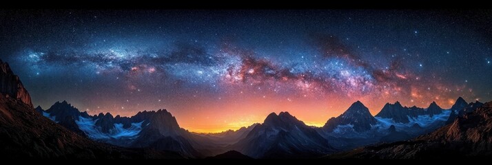 Panoramic night sky with the vibrant milky way arching above jagged snow-covered mountains and glaciers and a glowing twilight horizon, inspiring awe and serene wonder
