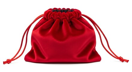 A luxurious red velvet drawstring pouch, perfect for holding small gifts, jewelry, or festive holiday treats, isolated on a pure white background.