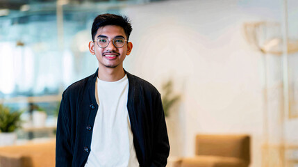 happy young Asian man in glasses standing in a modern office. Confident creative professional or startup employee looking at camera with a smile.