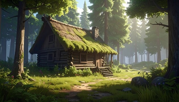 A rustic cabin nestled in a sunlit forest clearing