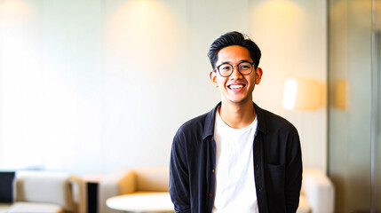 happy young Asian man in glasses standing in a modern office. Confident creative professional or startup employee looking at camera with a smile.