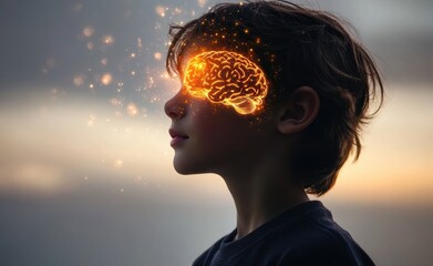 child profile at sunset surrounded by golden sparkling lights, serene contemplative mood