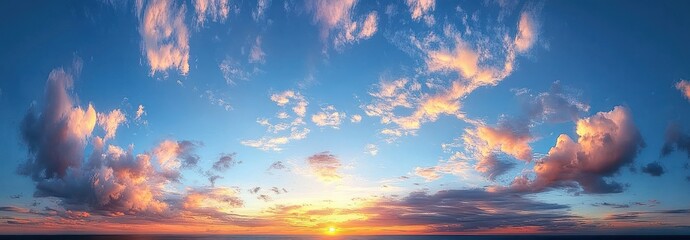 Panoramic ocean sunset with glowing sun at the horizon, dramatic pink and orange clouds filling a serene, awe-inspiring sky
