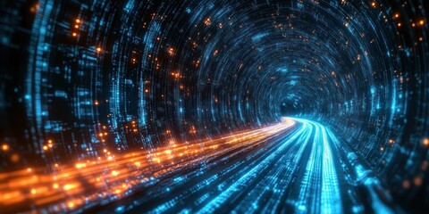 Immersive glowing digital tunnel with converging blue and orange light trails, streaming data points and a sense of high-speed motion and futuristic energy