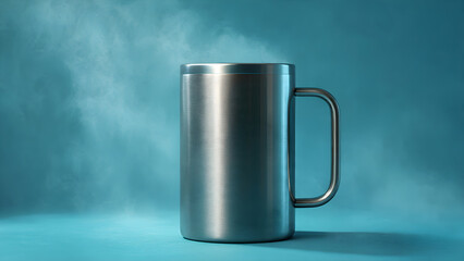 Sleek brushed metal travel mug steams gently, radiating warmth and inviting comfort in a studio setting with soft blue backdrop.
