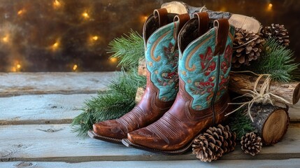 worn brown leather cowboy boots with turquoise embroidered shafts on a weathered wooden table surrounded by pine branches, pinecones and firewood under warm twinkling lights, cozy rustic holiday mood