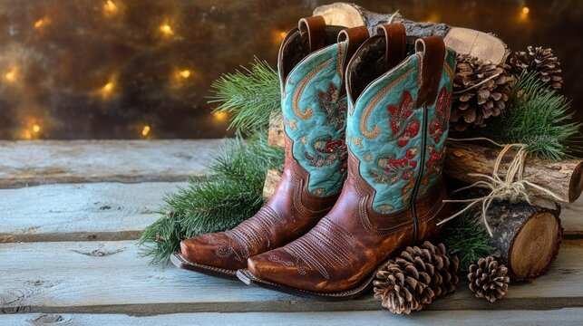 worn brown leather cowboy boots with turquoise embroidered shafts on a weathered wooden table surrounded by pine branches, pinecones and firewood under warm twinkling lights, cozy rustic holiday mood - Powered by Adobe