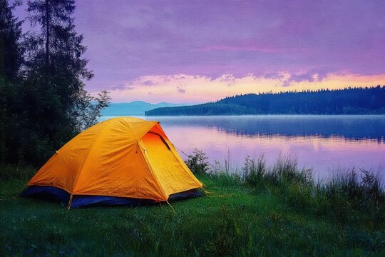 bright orange tent pitched on a grassy lakeshore beside calm misty water under a purple pastel twilight sky, silhouetted pine trees and distant forest evoking tranquil solitude - Powered by Adobe