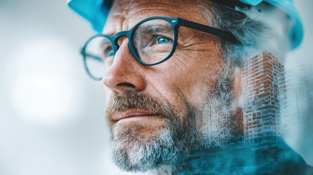 A thoughtful construction worker in a hard hat gazes into the distance, with a digital overlay of buildings reflecting his vision for the future.