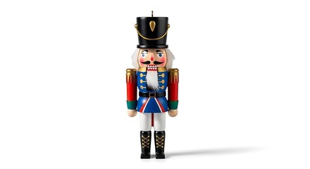 A classic wooden nutcracker soldier, meticulously crafted with vibrant blue and red uniform details, stands ready for festive holiday celebrations.