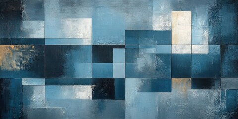 textured abstract geometric grid of blue and teal rectangles and squares with white and gold accents conveying calm modern serenity