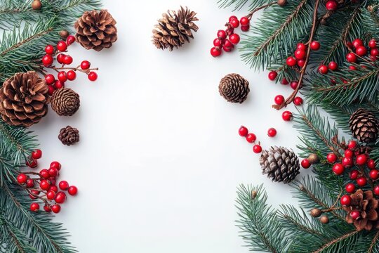 Festive winter frame of evergreen fir branches, pine cones and red berry sprigs on a clean white background, cheerful holiday arrangement with empty center