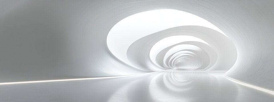 white spiral tunnel interior with concentric curved arches, reflective floor and soft ambient lighting, minimalist futuristic atmosphere evoking calm and serenity