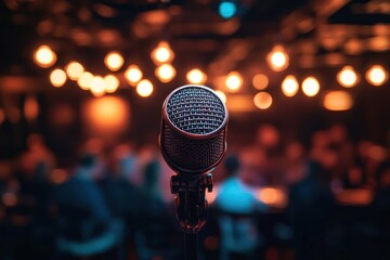 close-up microphone on stage with warm bokeh lights and blurred audience creating an intimate, anticipatory live performance mood