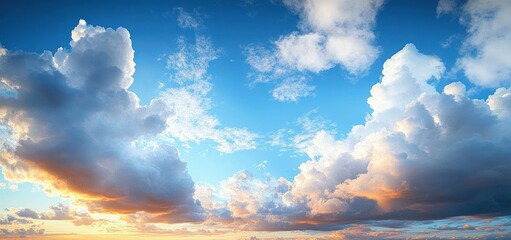 Vast blue sky filled with towering sunlit cumulus clouds at golden hour, a peaceful and awe-inspiring cloudscape