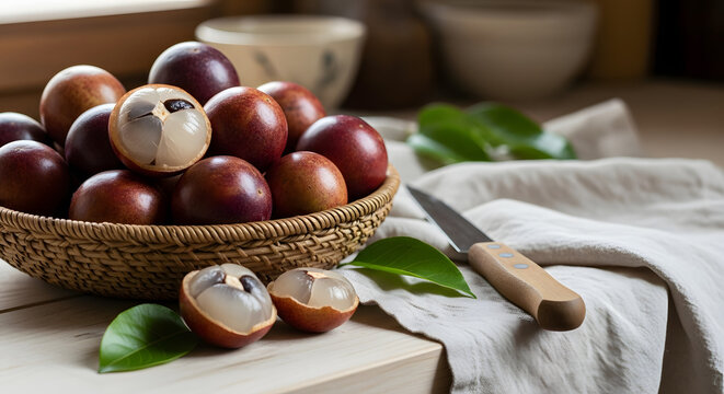 A rustic woven basket filled with fresh ripe purple star apples.