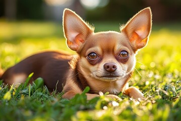 small brown dog with large upright ears lying on sunlit grass, relaxed and curious in warm golden light