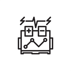 Battery module testing icon showing positive/negative cells, an electrical pulse, and a data graph. Represents performance diagnosis, quality control, health monitoring, and testing for EV battery.