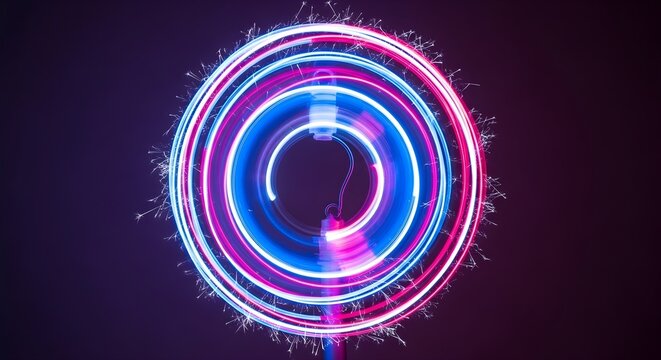 Dynamic neon circular light trails with vibrant pink and blue