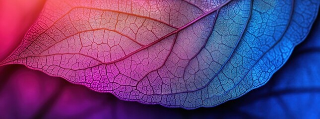 Fototapeta premium Macro close-up of a delicate leaf skeleton with intricate veins in vibrant pink, purple and blue gradient, evoking wonder and tranquility