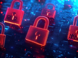 Rows of glowing red digital padlocks hovering above a blue circuit board, futuristic protective yet tense cyber security mood