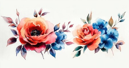 watercolor floral composition of two coral orange roses with blue blossoms and leafy sprigs on white background, delicate romantic and serene hand painted bouquet