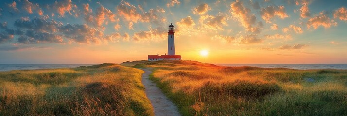 Solitary lighthouse at sunset beyond a winding grass-covered dune path, golden light on coastal fields under a dramatic cloud-streaked sky, peaceful and hopeful mood