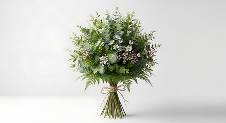 Elegant bouquet of mixed greenery and delicate white flowers.
