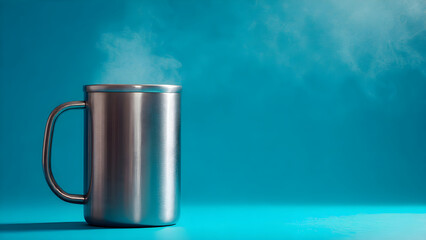 Steaming metal mug with a lid, perfect for hot beverages on a cool day, creating a sense of warmth and comfort.