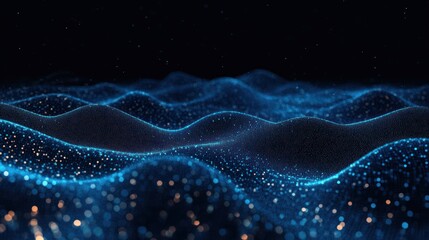 undulating luminous blue particle waves and glowing mesh with scattered golden bokeh on a dark starry background, serene futuristic mysterious mood