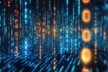Glowing blue and orange streams of binary digits cascading in vertical columns over a virtual grid, creating a mysterious, immersive high-tech atmosphere