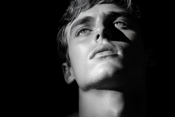 Close up partial portrait showing ear, hair and neck in dramatic low-key monochrome lighting with textured skin and deep shadows, evoking a mysterious introspective mood